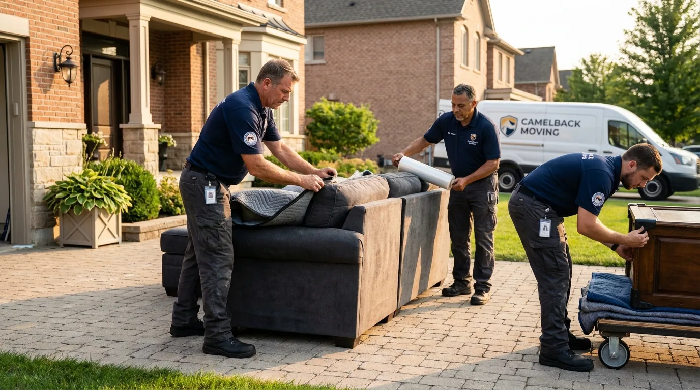 Large estate moving crew wrapping furniture in Eugene, OR
