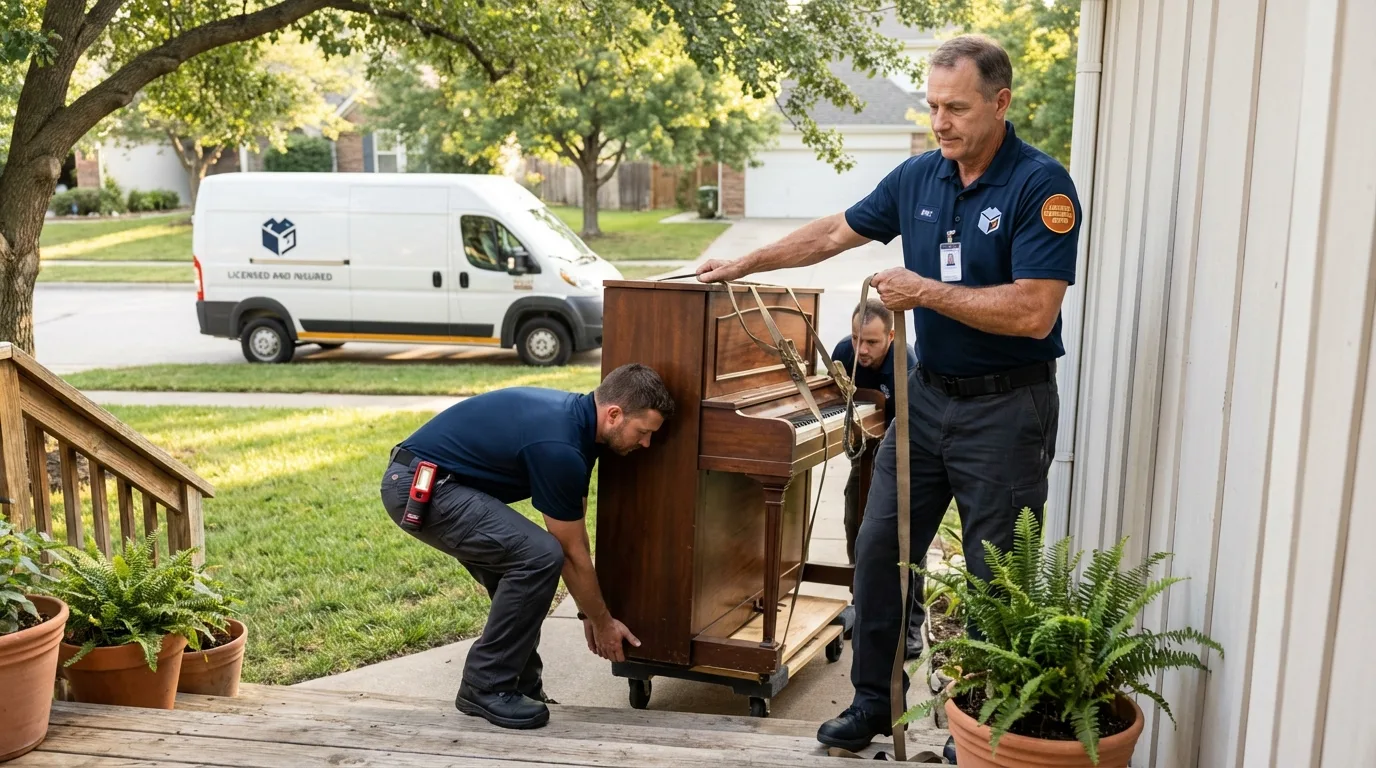 Licensed piano movers securing grand piano in Eugene, OR