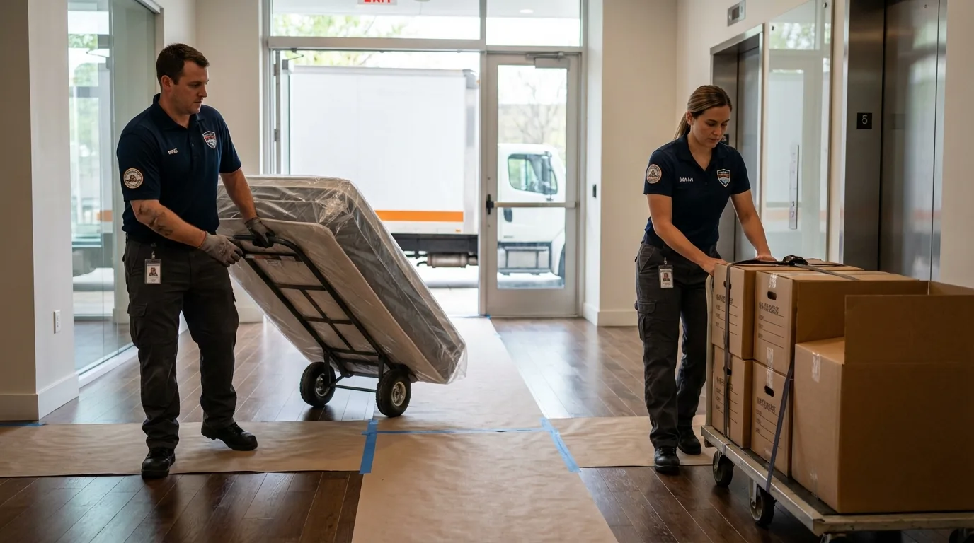 Professional apartment movers loading elevator in Eugene, OR